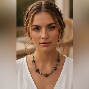 Beaded Necklace with Stone and Blue Accents